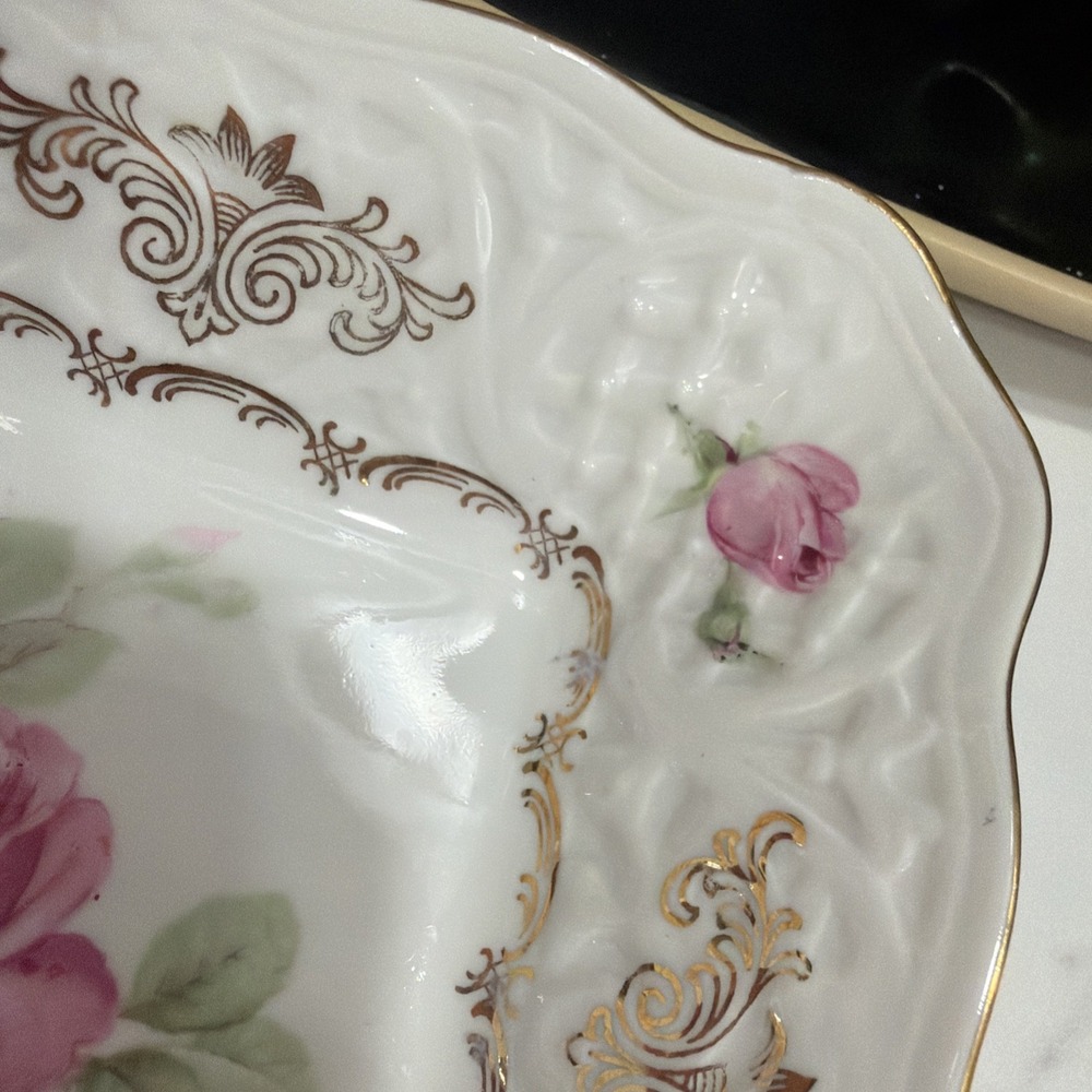 Schumann Scalloped Square Bowl Dish Floral Gold Design US Zone Germany Bavaria